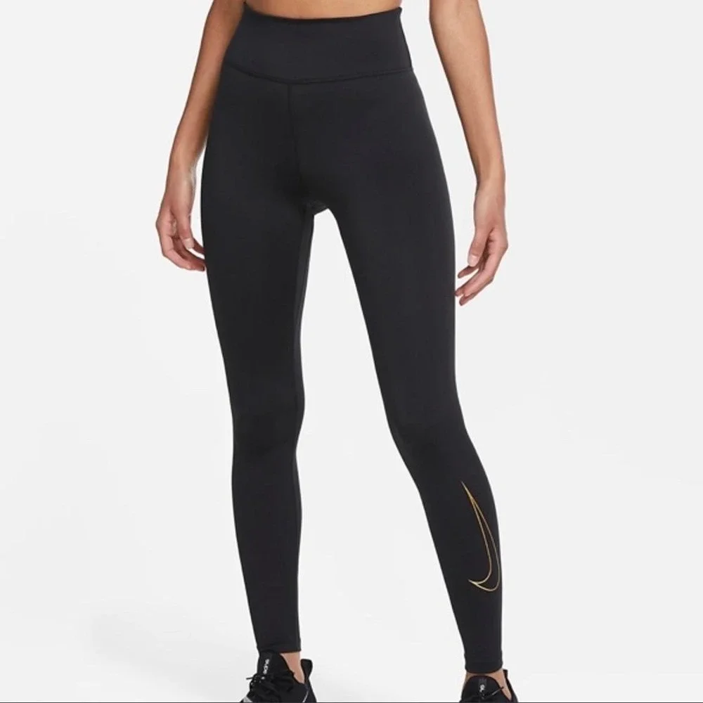 Nike Women Tight Dri-FIT Full Legging Mid‎ Rise Black Gold Swoosh DM1608 Size L